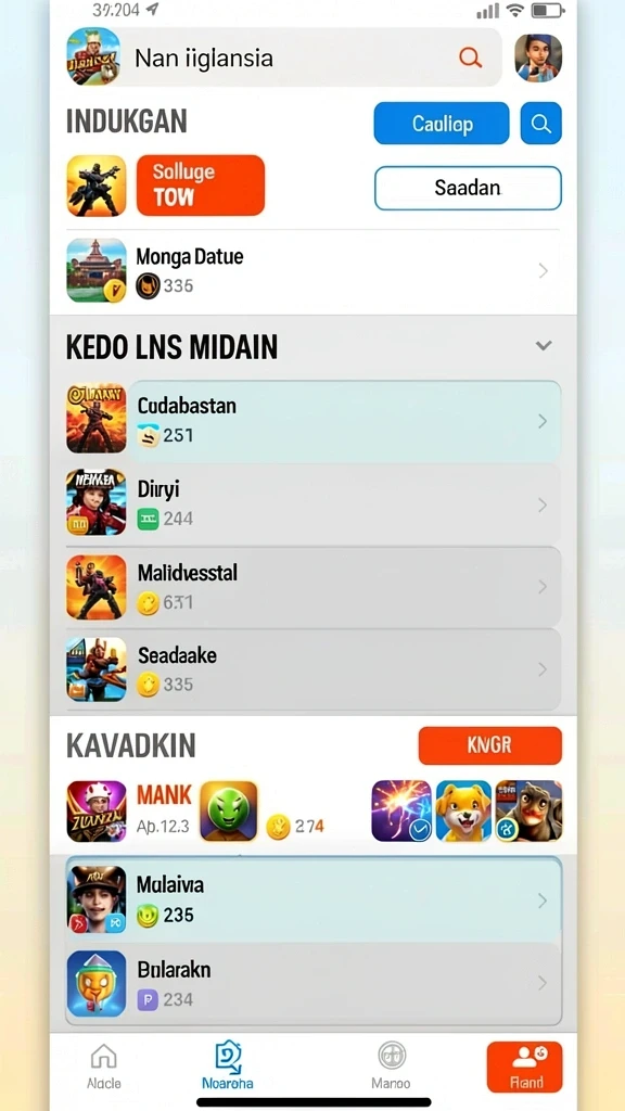 Tampilan awal yang menarik dengan pilihan game yang beragam.